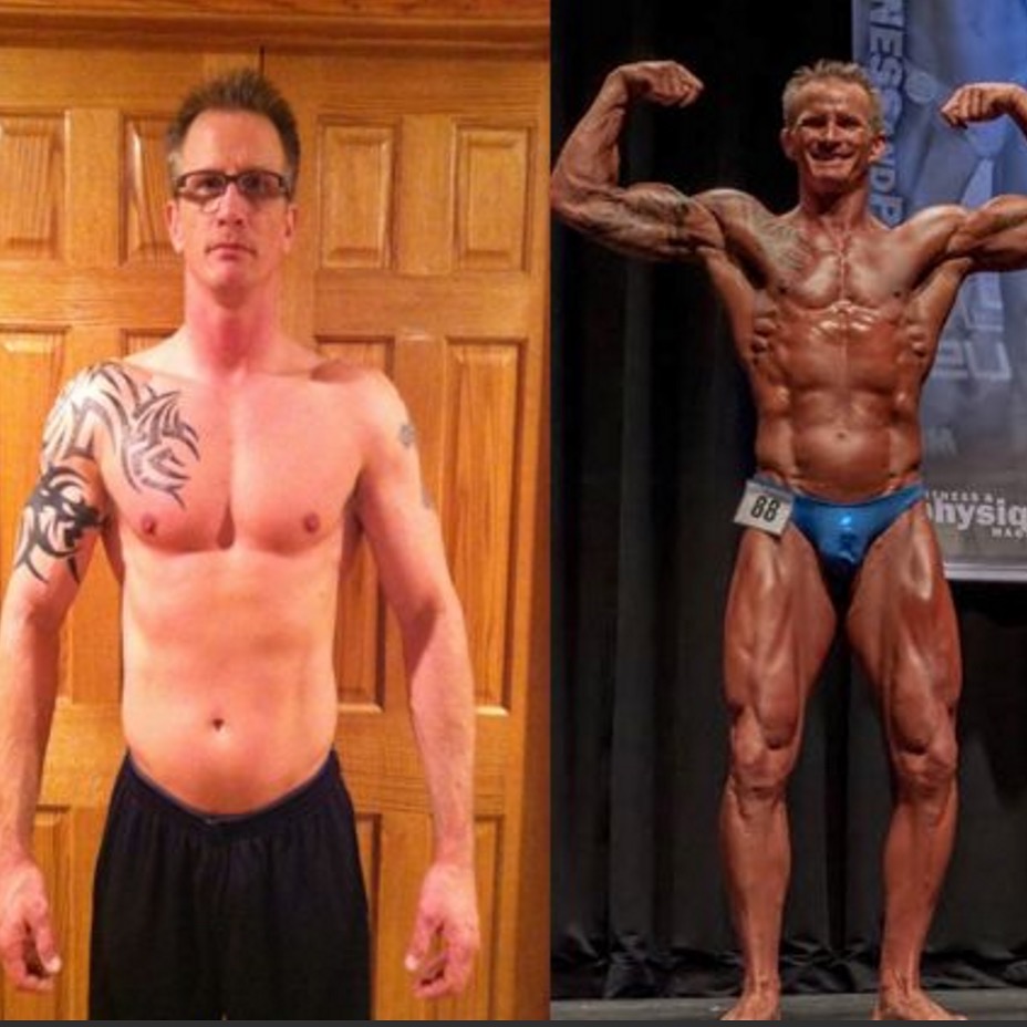 Bodybuilding before and after progress picture.